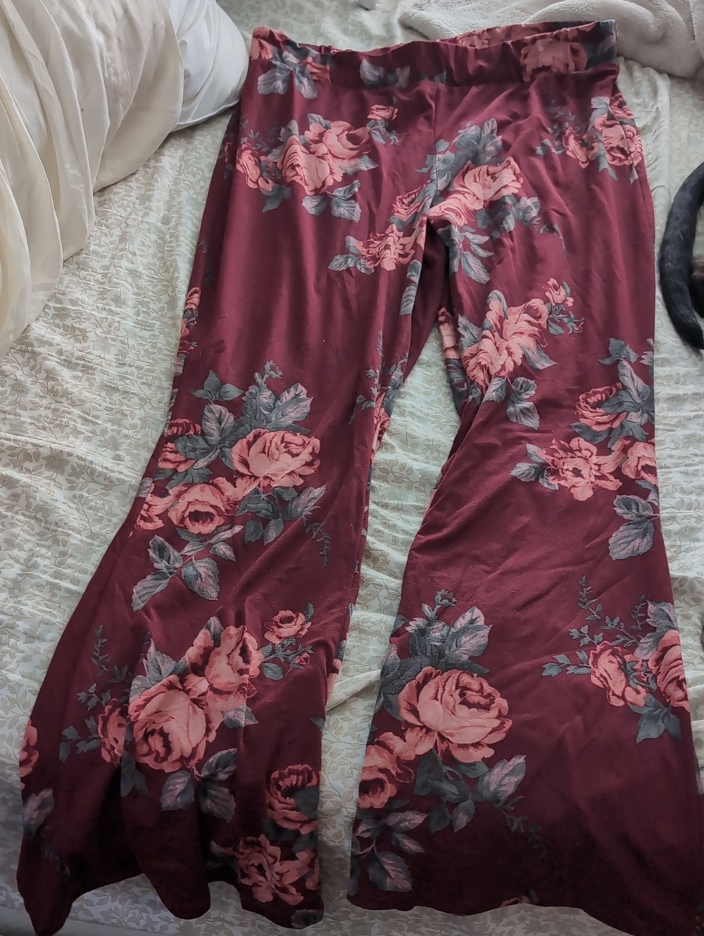 Charlotte Russe Burgundy Wide-Leg Floral Pants with Pink Roses